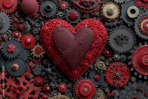 Abstract Background of Red Heart Surrounded by Black and Red Gears – Symbol of Love, Emotion, and Mechanical Contrast