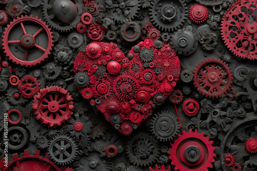 Abstract Background of Red Heart Surrounded by Black and Red Gears – Symbol of Love, Emotion, and Mechanical Contrast