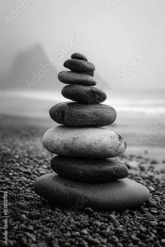 Stacked Dark Grey Spa Stones in Gentle White Mist – Zen Balance and Tranquility Concept

