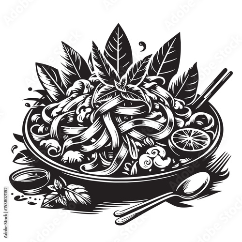 Black Pad Thai Silhouette Vector, High Quality Illustration on White Background