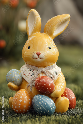 Yellow Easter Bunny Figurine with Colorful Eggs on Green Grass – Festive Spring Decoration and Holiday Symbolism