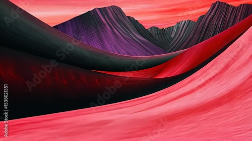 Vibrant abstract landscape with flowing curves and layered mountains in bold colors.