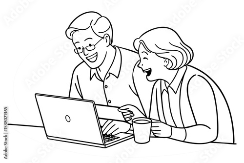 Happy mature older family couple laughing, bonding sitting at home table with laptop. Smiling middle aged senior 50s husband and wife having fun satisfied with buying insurance, paying bills online