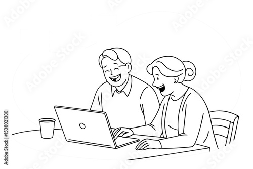 Happy mature older family couple laughing, bonding sitting at home table with laptop. Smiling middle aged senior 50s husband and wife having fun satisfied with buying insurance, paying bills online