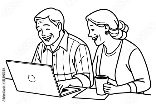 Happy mature older family couple laughing, bonding sitting at home table with laptop. Smiling middle aged senior 50s husband and wife having fun satisfied with buying insurance, paying bills online