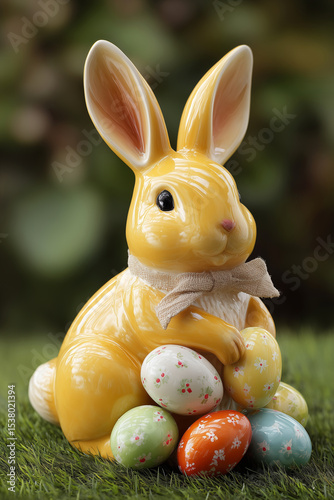 Yellow Easter Bunny Figurine with Colorful Eggs on Green Grass – Festive Spring Decoration and Holiday Symbolism
