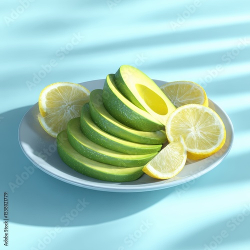 Fresh sliced avocado and lemon halves arranged on a white plate with a turquoise background and soft shadows for a healthy food presentation