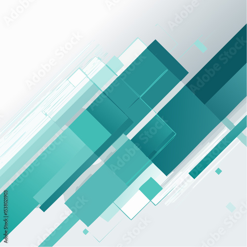 Abstract turquoise shapes overlap, creating dynamic modern background