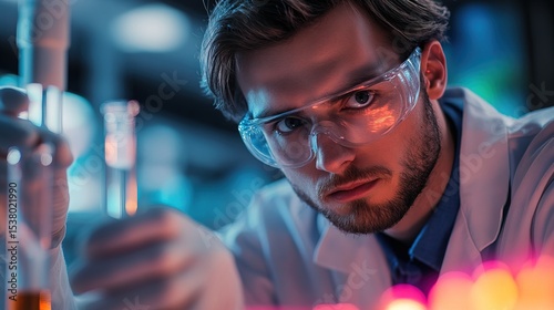 A scientist in a lab holding a test tube, suddenly seeing the missing piece of a formula