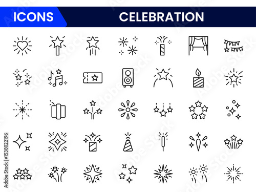 Joyful vector web line icons depicting celebrations, parties, balloons, cakes, and festive moments for vibrant, memorable gatherings.