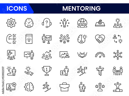 Supportive vector web line icons depicting mentoring, guidance, coaching, knowledge sharing, and professional growth for empowering personal development.