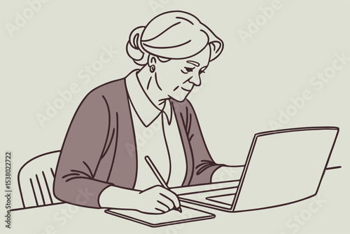Serious mature older adult woman watching training webinar on laptop working from home or in office. 60s middle aged businesswoman taking notes while using computer technology sitting at table