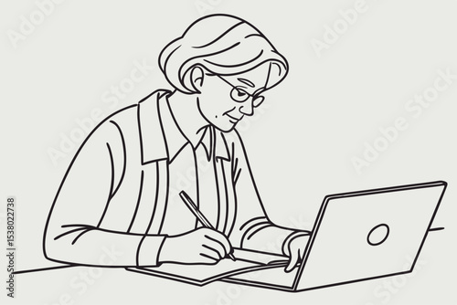 Serious mature older adult woman watching training webinar on laptop working from home or in office. 60s middle aged businesswoman taking notes while using computer technology sitting at table