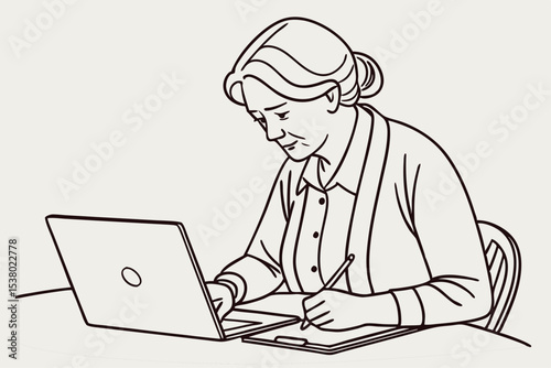 Serious mature older adult woman watching training webinar on laptop working from home or in office. 60s middle aged businesswoman taking notes while using computer technology sitting at table