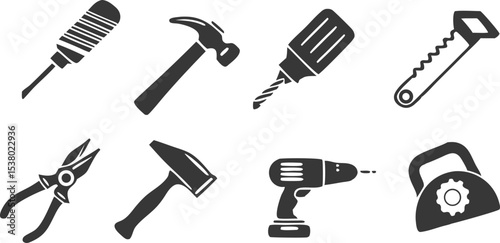 toolbox,hand tools,hammer,screwdriver,wrench,pliers,power drill,utility knife,construction,industrial,black and white
