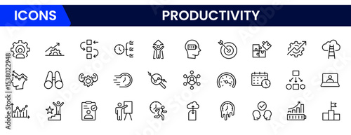 Efficient vector web line icons depicting productivity tools, task management, time optimization, workflows, and goal-driven performance solutions.