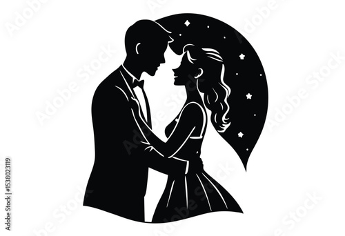 Couple in love silhouette vector art, romantic moment simple flat design for valentine or wedding