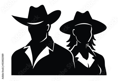Cowboy Couple Silhouette Vector Illustration Simple Icon in Flat Design Western Romance Style