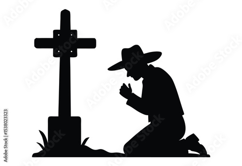 Silhouette of Cowboy Praying at Cross Vector Illustration Western Memorial Icon Simple Design.