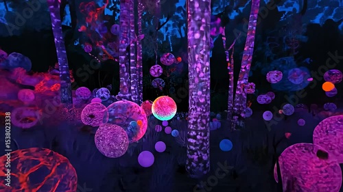 A vibrant, surreal forest scene with glowing spheres among dark trees.
