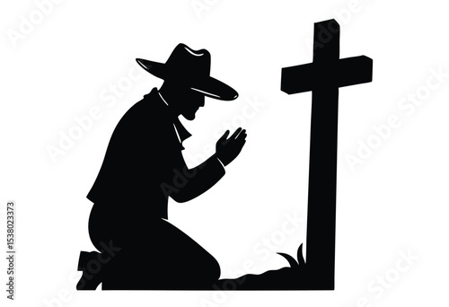 Silhouette of Cowboy Praying at Cross Vector Illustration Western Memorial Icon Simple Design.