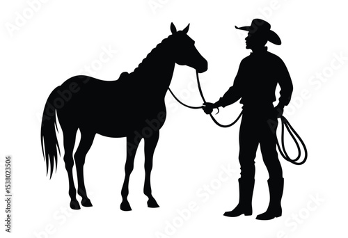 Cowboy silhouette with lasso on horse vector illustration western rider simple flat design icon
