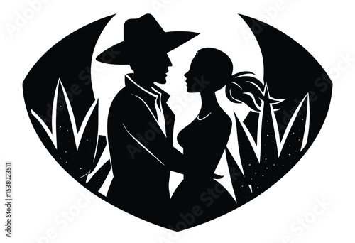 Cowboy Romance Silhouette Vector Illustration Icon Western Love Couple Flat Design
