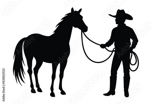 Silhouette cowboy riding horse with rope lasso vector icon wild west rider simple flat illustration.