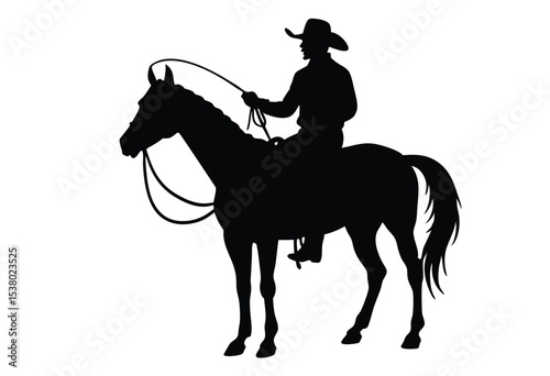 Silhouette cowboy riding horse with rope lasso vector icon wild west rider simple flat illustration.