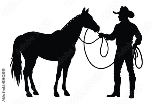 Western Cowboy and Horse Silhouette with Rope Vector Art for Rustic Vintage Style