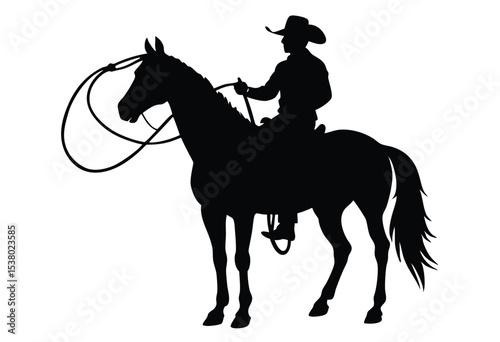 Western Cowboy and Horse Silhouette with Rope Vector Art for Rustic Vintage Style