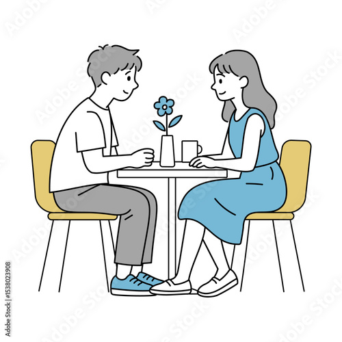 カフェで向かい合うカップルのイラスト