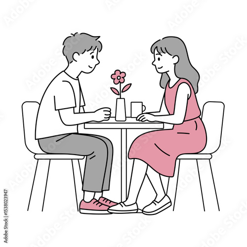 カフェで向かい合うカップルのイラスト