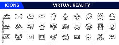 Immersive vector web line icons depicting virtual reality, headsets, simulations, immersive tech, and digital worlds for interactive experiences.