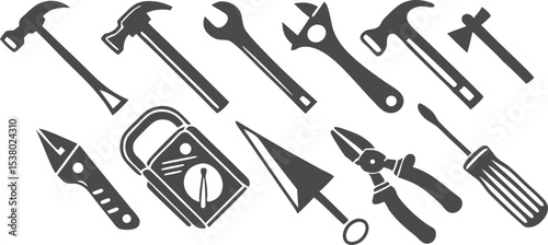 tools, hand tools, hammers, wrenches, pliers, screwdrivers, spanners, utility knife, tape measure, construction, workshop, hardware, black and white, silhouette, line art
