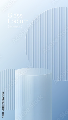 3D glass transparent crystal. Empty cylindrical pedestal. 3D cylinder and cube glass platforms set background. Vector realistic illustration of transparent plastic round and square
