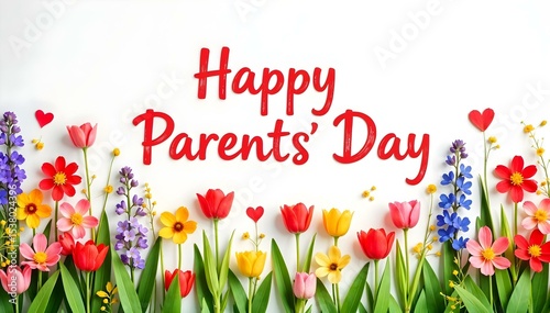Festive Happy Parents Day Greeting with Colorful Flowers and Red Text