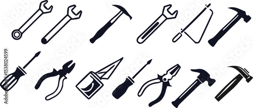 tools, gears, wrenches, pliers, screwdrivers, spanner, hammer, industrial, mechanical, hardware, workshop, machinery, engineering, construction, black and white, minimalist, line art, vector illustrat