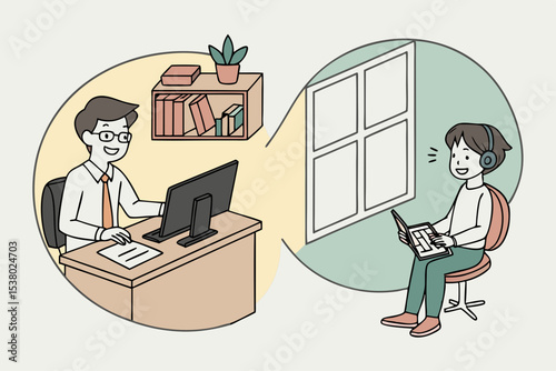 Smiling business man working on laptop at home office. Young student or remote teacher using computer remote studying, virtual training, watching online education webinar at home office