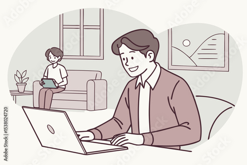 Smiling business man working on laptop at home office. Young student or remote teacher using computer remote studying, virtual training, watching online education webinar at home office