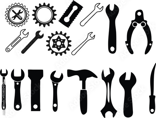 tools, gears, wrenches, pliers, screwdrivers, spanner, hammer, industrial, mechanical, hardware, workshop, machinery, engineering, construction, black and white, minimalist, line art, vector illustrat