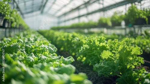 Large industrial greenhouse with fresh natural plants. Concept of growing healthy food, diet, vegetarianism and technology.