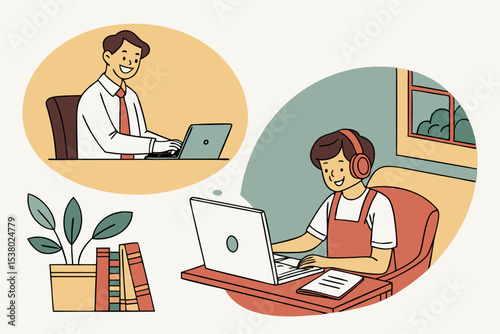 Smiling business man working on laptop at home office. Young student or remote teacher using computer remote studying, virtual training, watching online education webinar at home office