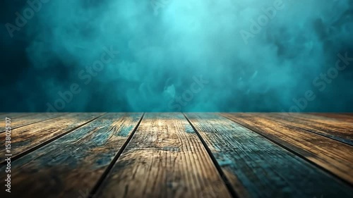 Rustic wooden planks on teal smoky background