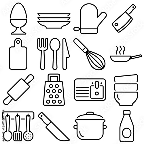 Kitchen Essentials Icon Set Outline Style