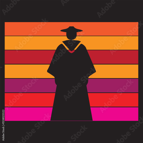 Silhouette of a Graduate Against a Retro Sunset Background