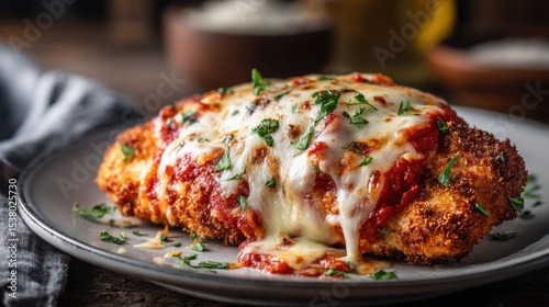 Wallpaper Mural Delicious crispy breaded chicken breast topped with melted cheese and fresh herbs served on a vintage plate for a comforting flavorful meal Torontodigital.ca