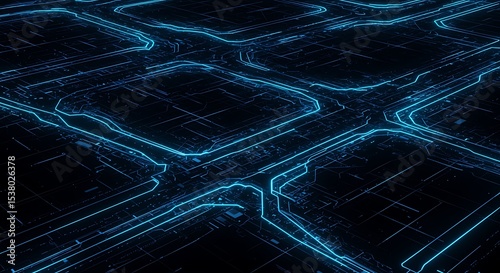Abstract Digital Circuitry Glowing Blue Lines and Nodes, Futuristic Technology Background