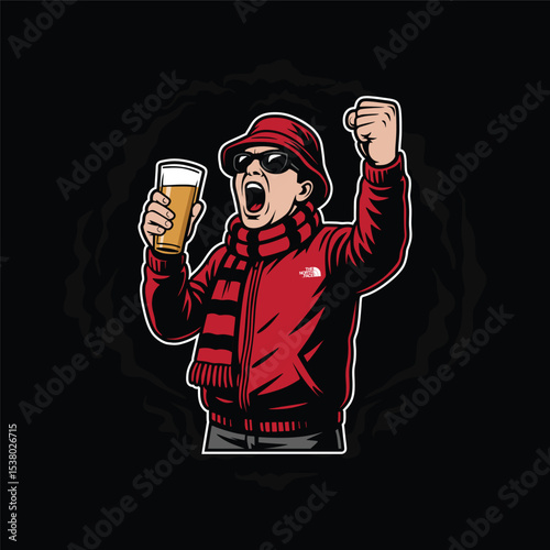man ultras hooligan casual with hat and sunglasses holding beer