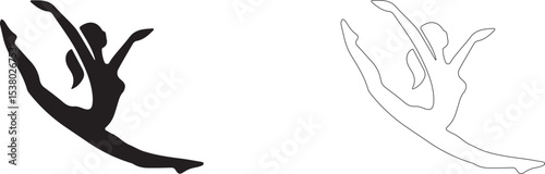 Jumping into splits with raised arms. Vector female silhouette.